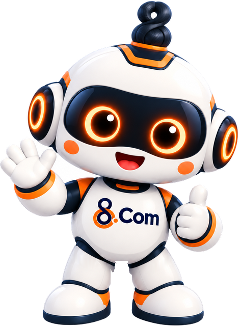 SaYin, the 8.Com robot mascot, waving